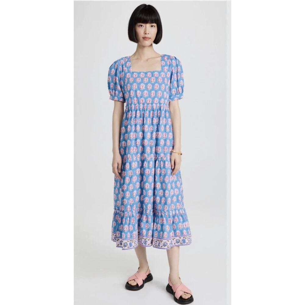 Anthropologie SZ Blockprints Divya Dress Small Cornflower Blue Paisley Tiered